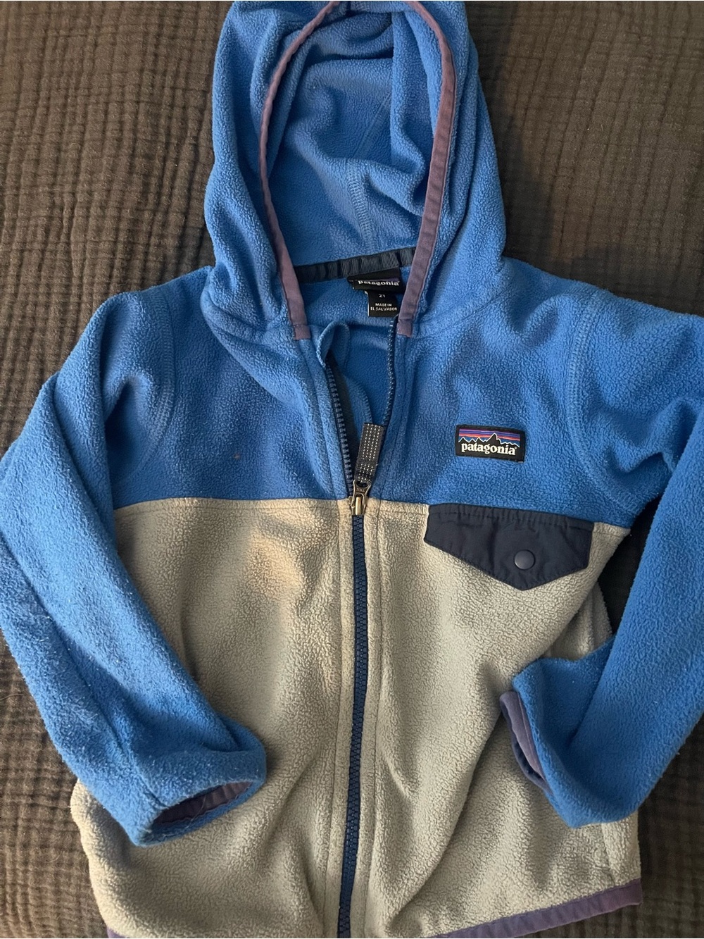 Patagonia Kids Blue and Light Gray Hooded Fleece Zip Jacket